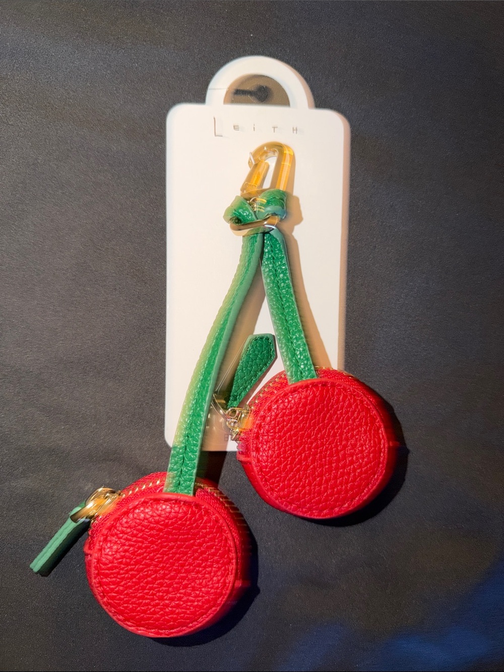 Leith Red Cherry Coin Pouch Keychain with Green Strap and Gold Hardware